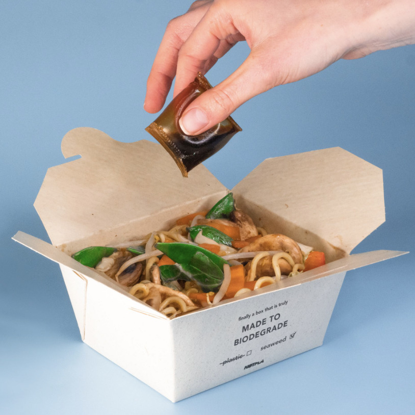 Notpla seaweed-coated food takeaway boxes supplied at The Kia Oval to offer plastic-free packaging solutions to cricket fans